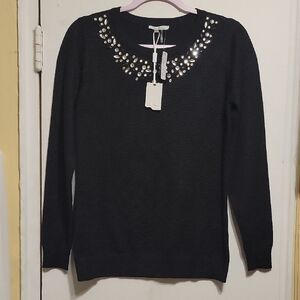 VILAMILANO Cotton Lush Black Crew Neck Sweater with Embellished Neckline SZ SML